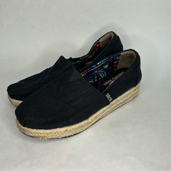 Skechers Bobs Espadrille Wedges Women 9 High Jinx Black Tan Memory Foam 34101 - Picture 1 of 9